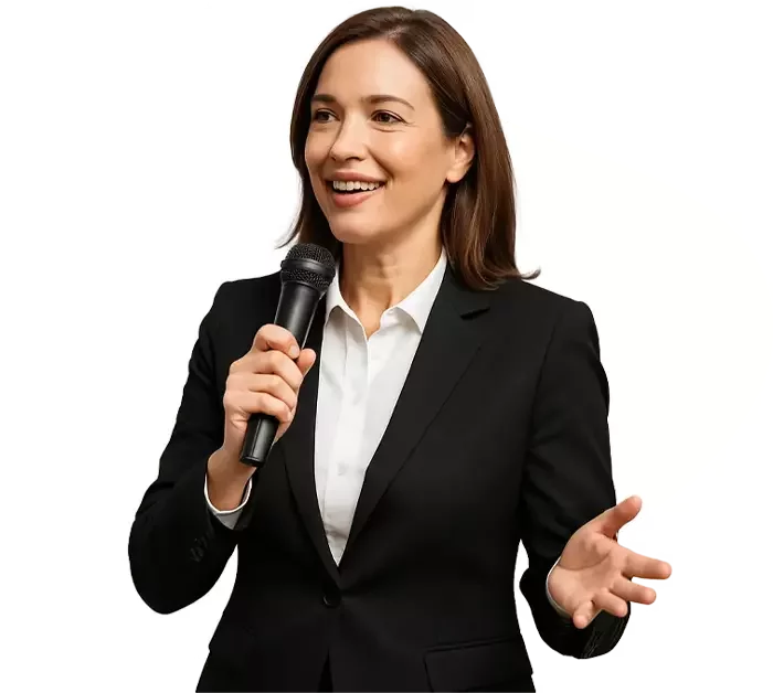 Professional confidently speaking in front of group after overcoming public speaking anxiety